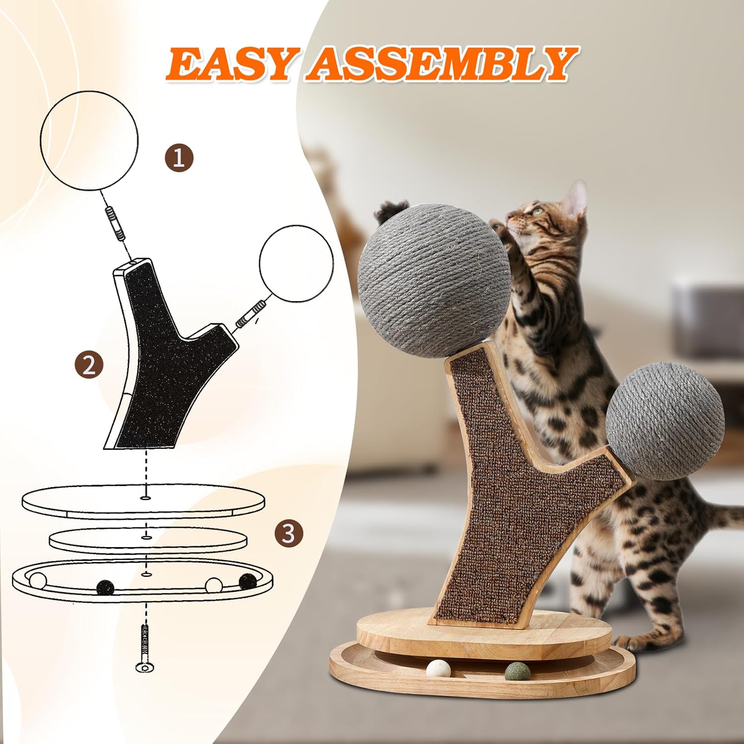 Tree-Shaped Cat Scratching Post with Vertical Cat Scratcher, Interactive Toy Balls, Handmade Cat Furniture with Natural Materials, Cute Kitten Scratch Post, Easy-to-Clean
