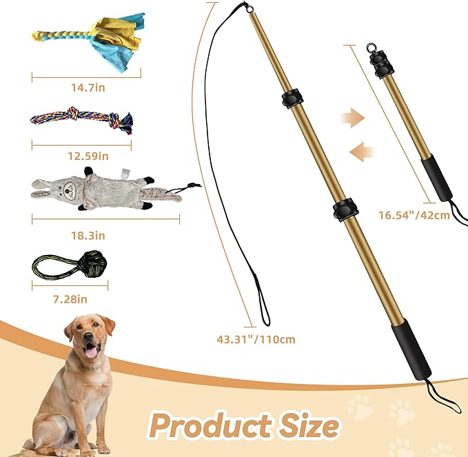 Flirt Pole for Dogs, Interactive Toys Tug-of-war for Pet, Durable Teaser Wand, Chase Toys with Rope Chewing Sticks, for Outdoor Exercise & Training