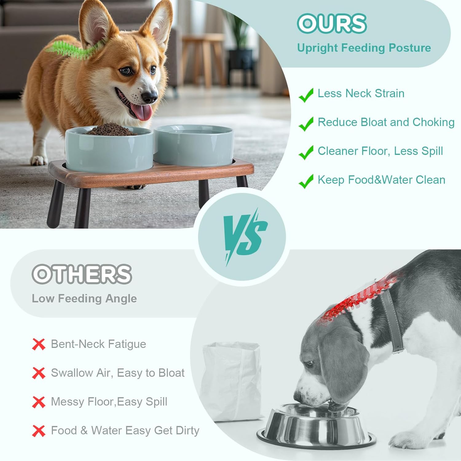 SPUNKYJUNKY Ceramic Elevated Dog Bowls Raised with Acacia Bamboo Wooden Stand, 6.1'' Dog Cat Food Water Bowls Set Non-Slip for Small Medium Sized Breed Microwave Dishwasher Safe - 28.7 OZ,Light Green