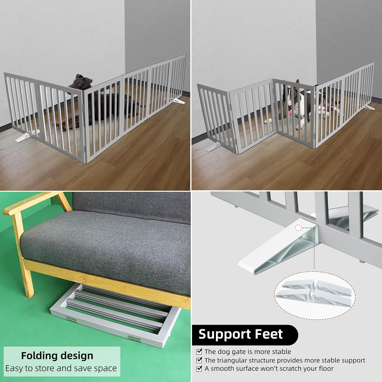 ZJSF Freestanding Indoor Dog Gate for House Foldable Wood Puppy Gate for Doorways Pet Gate for Stairs Extra Wide Pet Fence, Grey, 32" Height 6 Panels