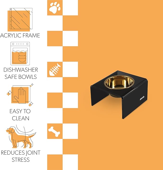 The LICKER Store DBL2002B Keaton 5" Small/Medium Modern Acrylic Rectangular Elevated Pet Feeder with 20oz 1-Stainless Steel Bowl, Black/Gold