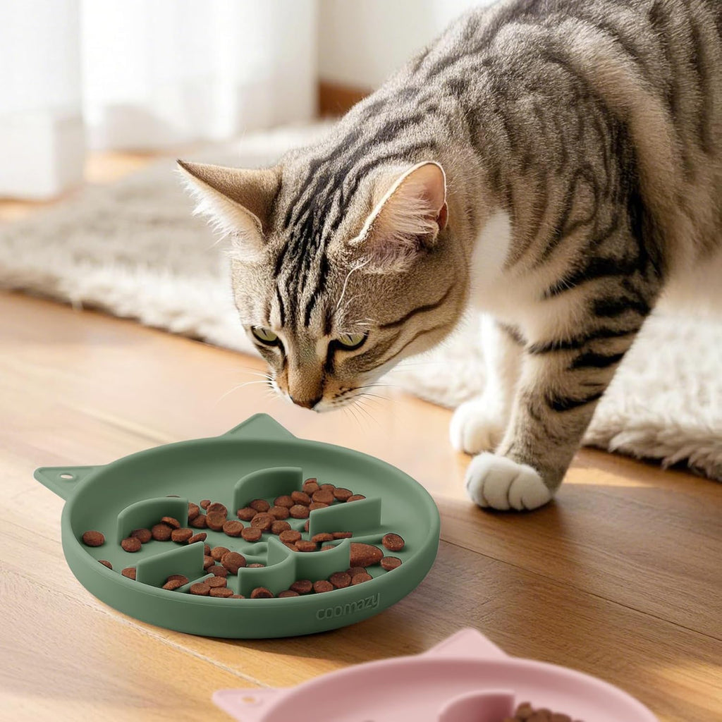 Coomazy Silicone Slow Feeder Dog Cat Bowls, Interactive Puzzle Toy for Pets Dry/Wet Food Training, Keeps Dogs Cats Busy, Prevents Puppy Kitty Overeating (Pink/Green 2pcs, 0.8 Cup)