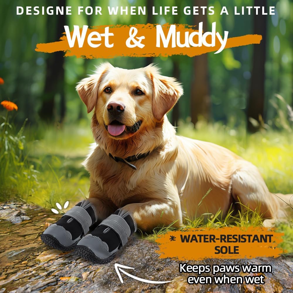 Dog Shoes for Large Dogs, Medium Dog Boots & Paw Protectors for Hardwood Floors, Outdoor Dog Booties for Hot Pavement Winter Snow Hiking, Waterproof Dog Shoes with Reflective Strips Size 3