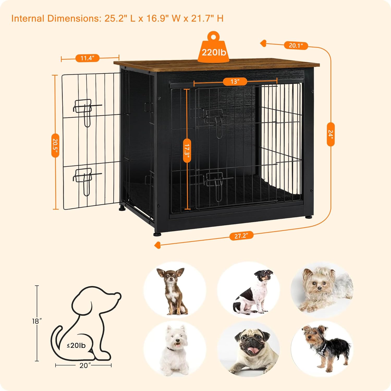 DWANTON Dog Crate Furniture with Cushion, Wooden Kennel Table with Double Doors, Indoor Dog House, Small/Medium/Large Size, 27.2" L, Black+Warm Brown
