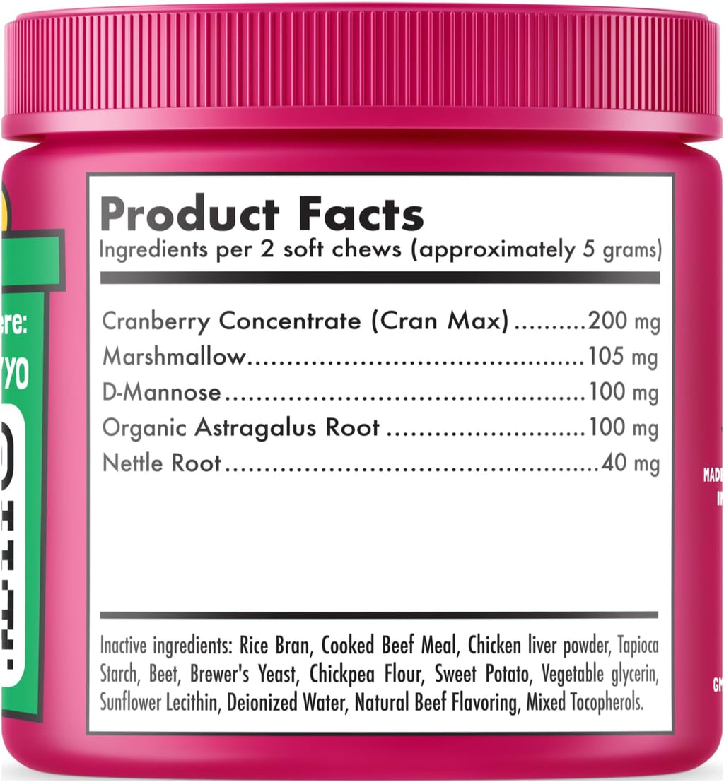 Cranberry UTI Chews for Dogs Bladder Support + D-Mannose Supports Kidney Urinary Tract and Bladder Health Natural Cranberry Wellness Supplement Immune System Booster Natural Pet Antioxidant 120 Chews