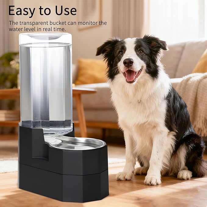 RIZZARI Large Dog Water Dispenser: 9L Raised Gravity Gray Automatic Stainless Steel Waterer with 2 Caps - 100% BPA Free - Pet Feeder for Senior Dogs with Joint Pain in Bedroom Garden