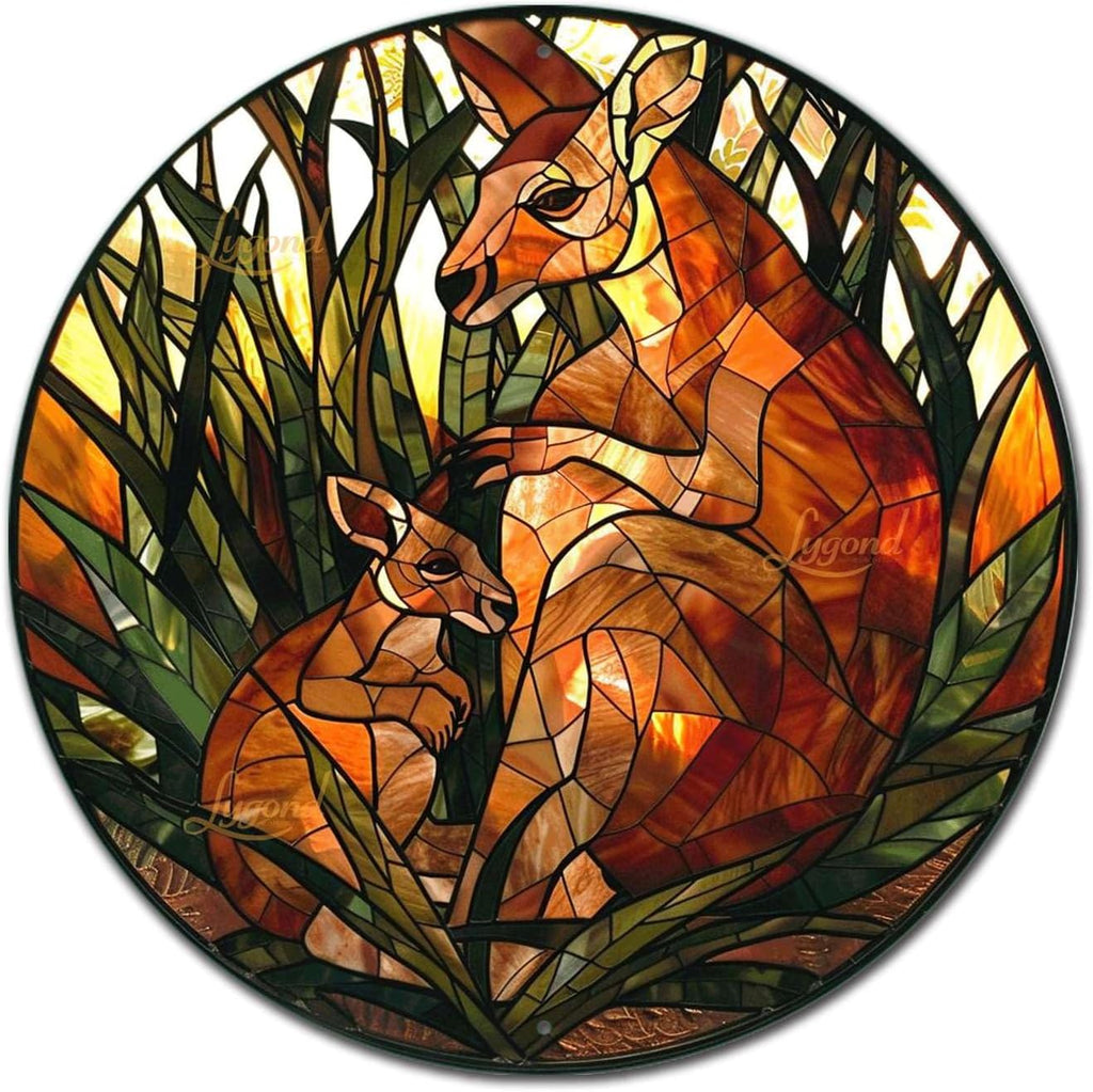 Lygond Metal Sign Tin Sign Circular Stained Glass Kangaroo Tin Signs For Garden For Bar 12×12 Inches