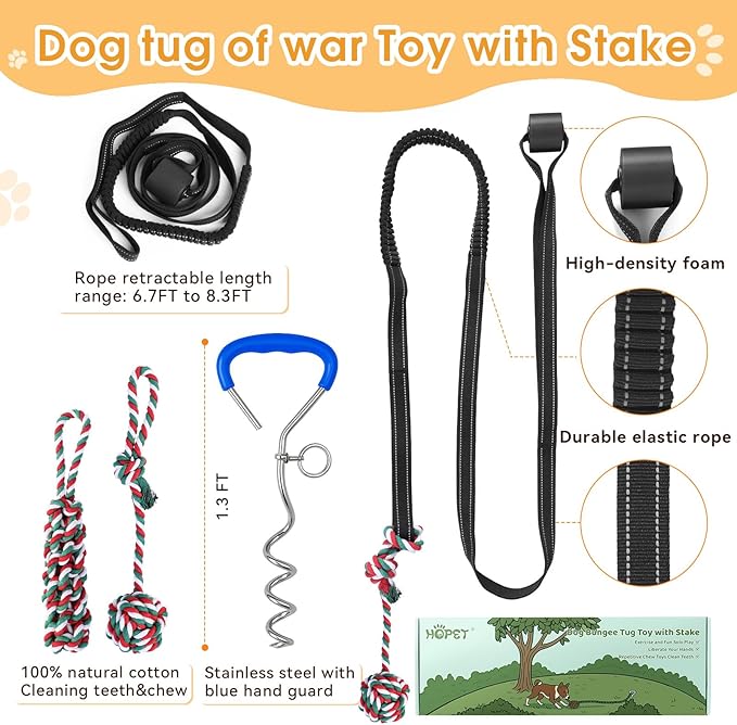 HOPET Bungee Tug Toy for Dogs,Tug of War Dog Toy for Aggressive Chewers to Keep Them Busy,Interactive Dog Rope Toy for Medium/Small Dogs,Can Used On Doors and Trees