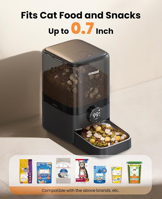 oneisall Cordless WiFi Automatic Cat Feeder, Rechargeable 100-Day Battery Operated Pet Feeder, 20 Cups/5L Timed Cat Food Dispenser for Large Kibble, Smart App Control (Black)