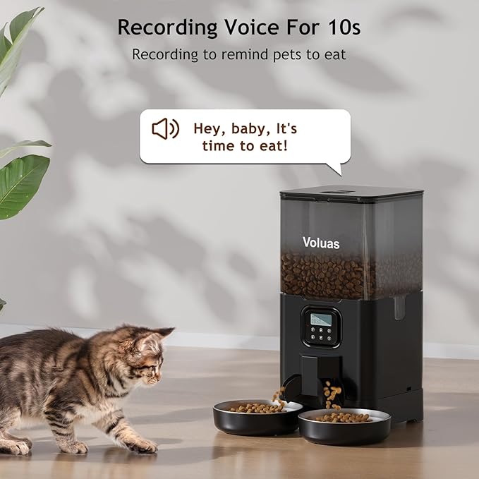 Voluas Automatic Cat Feeder for Two Cats, Double Pet Feeder with 2 Stainless Steel Bowls,6L Timed Cat Feeders with Memory Function
