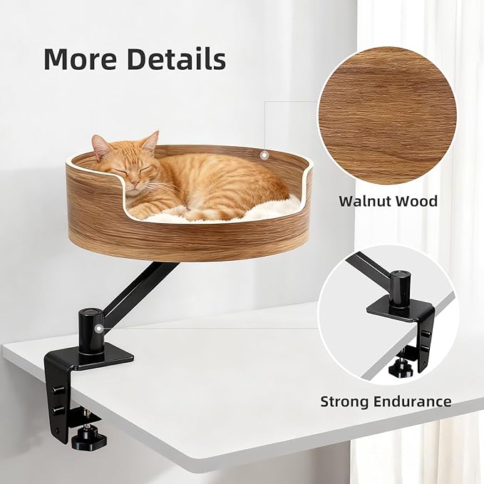 Space-Saving Cat Bed for Desk, Elevated Resting Spot for Home Office, Mounted Design for Small Apartments, Comfortable & Stable，Walnut Wood Finish