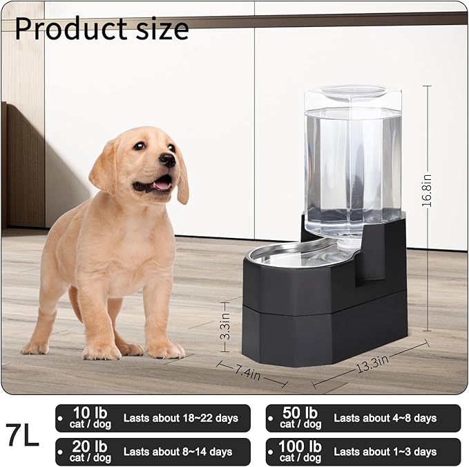 RIZZARI Large Dog Water Dispenser: 7L Raised Gravity Gray Automatic Stainless Steel Waterer - 100% BPA Free - Pet Feeder for Senior Dogs with Joint Pain in Bedroom Garden