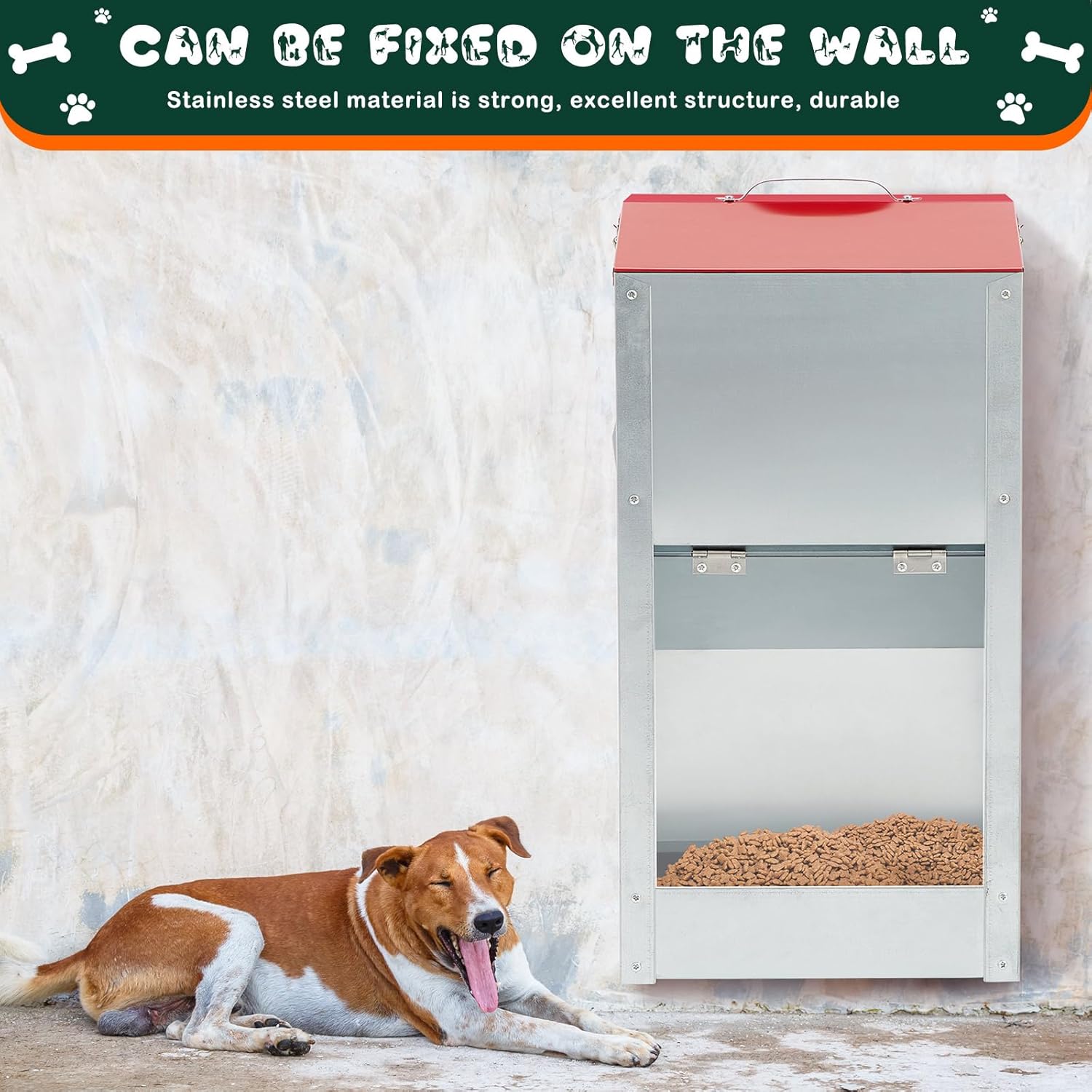 2 Pcs 50 Lbs Large Automatic Dog Feeders with Handle Acrylic Panel Galvanized Gravity Feeder Outdoor Hanging for Doggie Breed Dog Food Dispenser Container(Red)