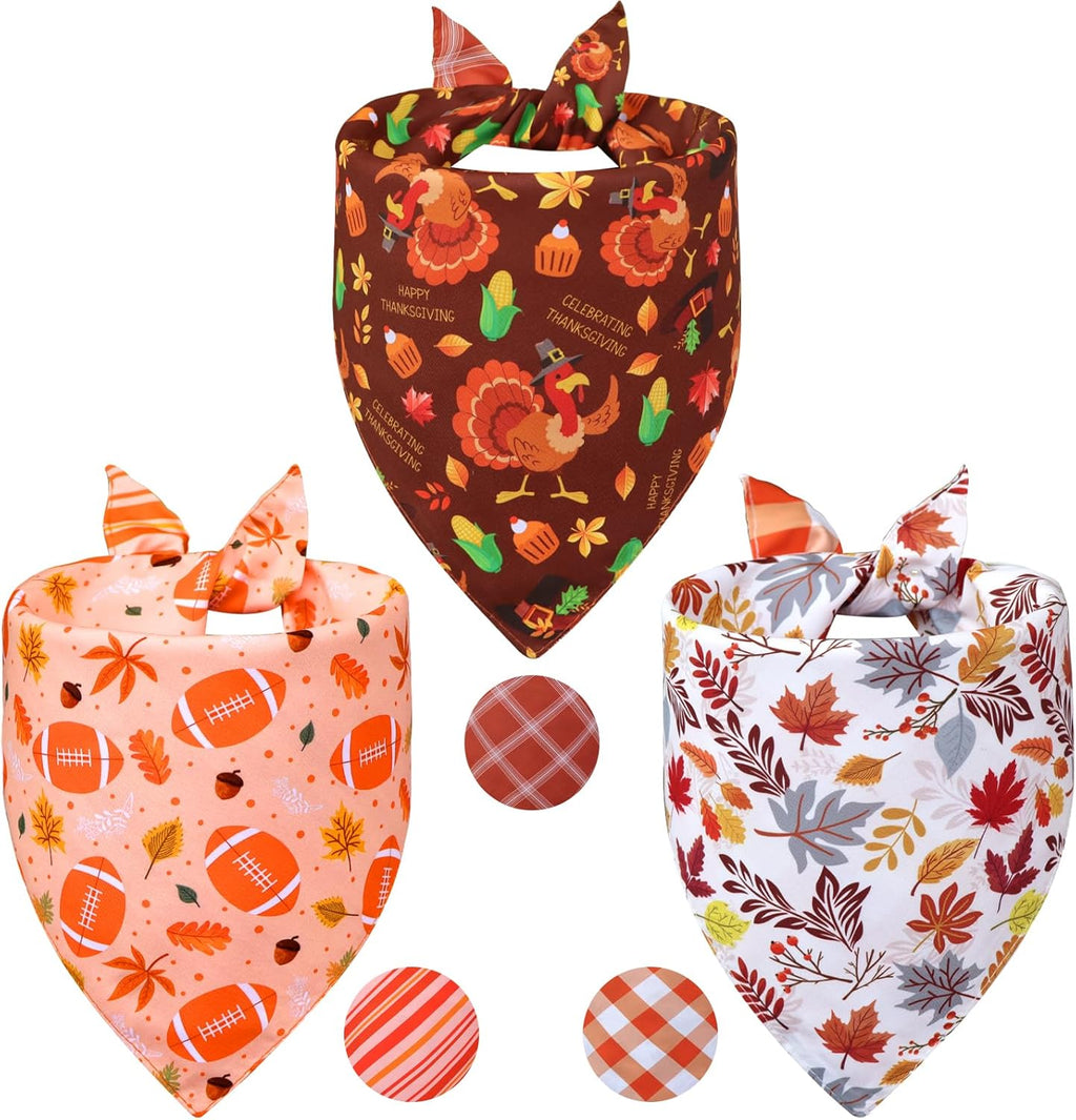 Thanksgiving Dog Bandanas XLarge 3PCS, 6 Pattern Fall Scarf for Boy and Girl, Pumpkin Leaves Rugby Triangle Reversible Bibs Breed for Puppy Pets