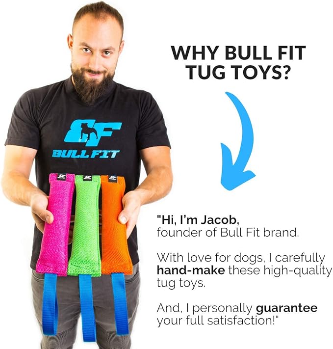 Bull Fit K9 Dog Bite Tug Toy with 2 Strong Handles - Made of Durable & Tear-Resistant French Linen - Perfect for Tug of War, Fetch & Puppy Training - Ideal for Medium to Large Breeds