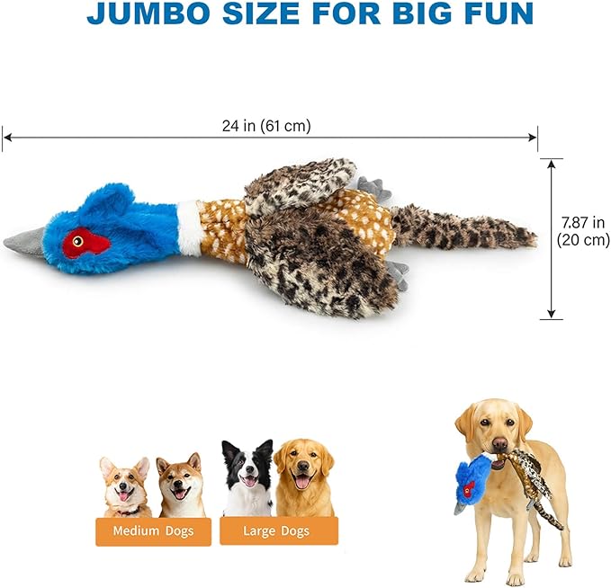 24” No Stuffing Duck Dog Toy – Large Durable Plush Bird with 2 Squeakers & Crinkle Sound, Tough Chew Toy for Medium & Large Dogs, Interactive Fetch & Tug Toy for Aggressive Chewers