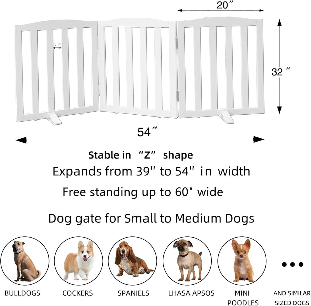 ZJSF Foldable Freestanding Indoor Dog Gate for House Wood White Long Pet Gates Dog Fence for Stairs Puppy Gates for Hallways,Pet Fence, Puppy Gate,Support Feet Included 32 "Height-3 Panels