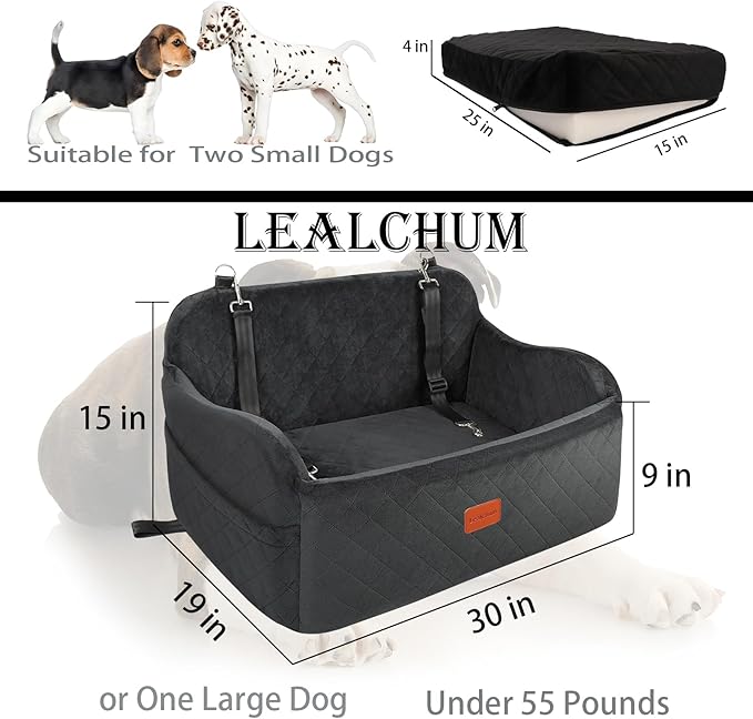 Large Dog Car Seat,Memory Foam Cushion Car Seat for 2 Small Dogs,Comfy Car Dog Bed with Side Pocket and 2 Clip-On Safety Leashes,Easy to Install Cars Seat for Dogs(Black, Large)