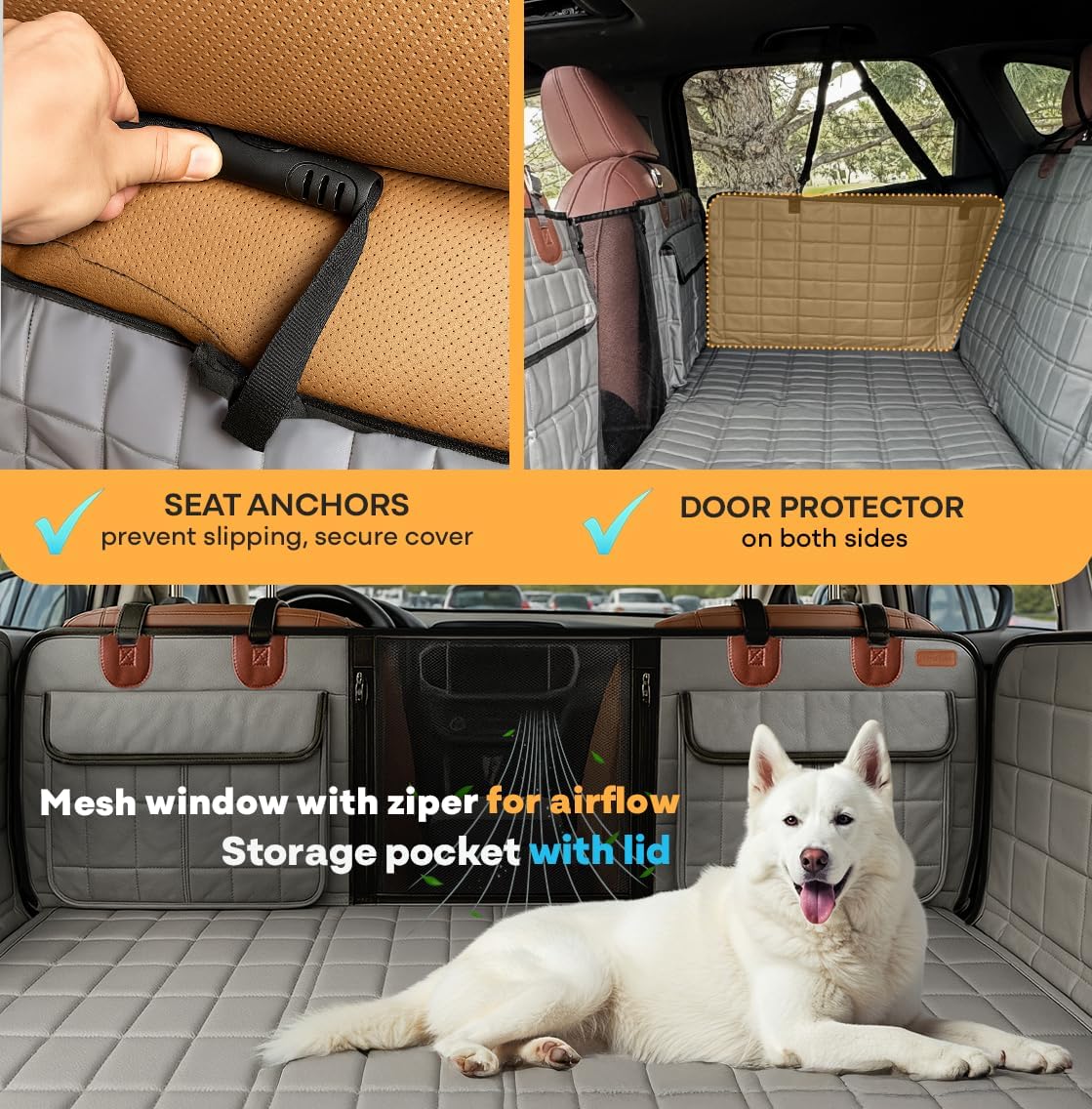 APetsPlanet Dog Car Seat Cover for Back Seat Hard Bottom - Waterproof Backseat Extender for Dogs - Pet Hammock Bed for Car, Truck, SUV with Mesh Window & Storage - Gray Leather, with Door Covers