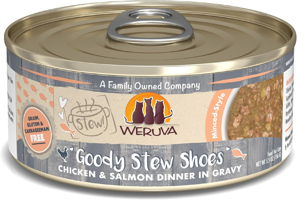 Weruva Classic Cat Stews!, Goody Stew Shoes with Chicken & Salmon in Gravy, 5.5oz Can (Pack of 8)