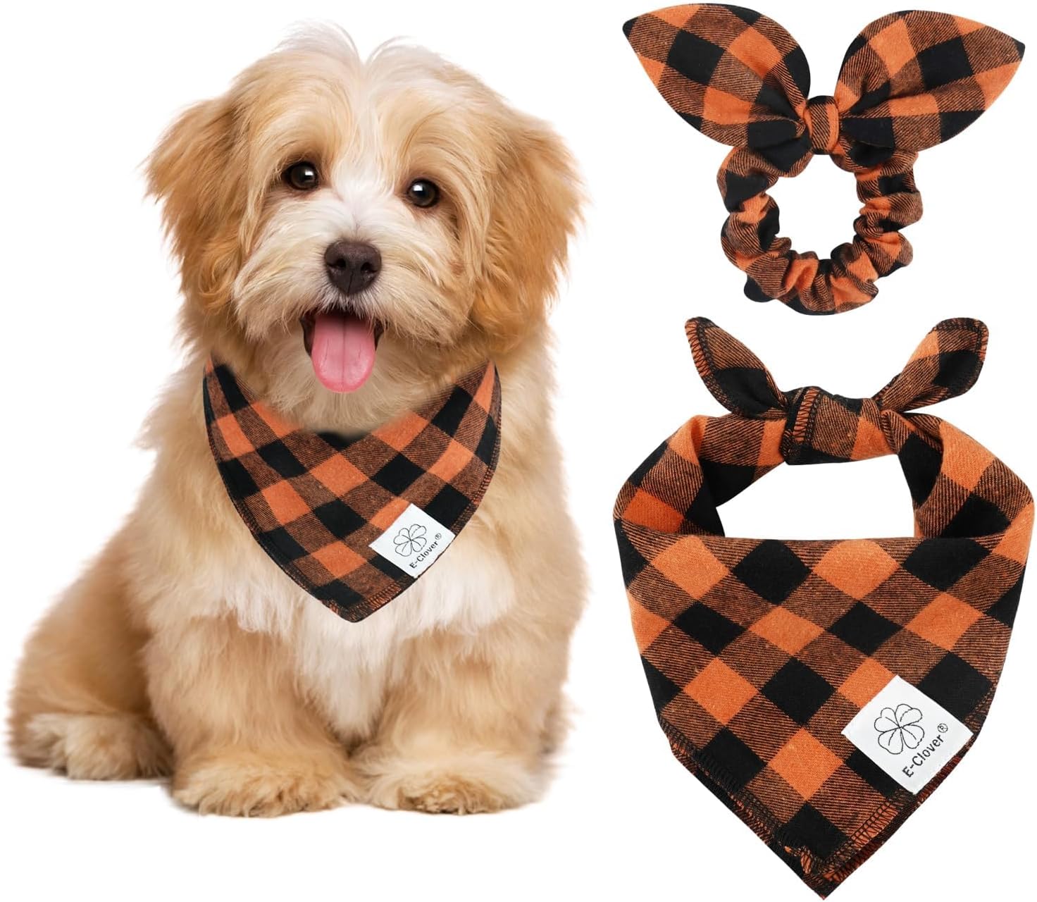 E-Clover Fall Dog Bandana & Matching Scrunchie-Orange Black Dog Bandanas Plaid Pet Scarf Bib for Small Dogs Puppy Girl Boy Owner Gift Orange