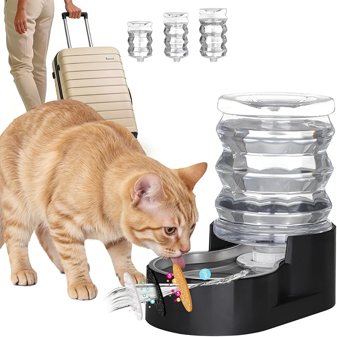 RIZZARI Dog Water Bowl Dispenser: 5L Gravity Black Automatic Stainless Steel Drinking Feeder with Filter for Dogs and Cats