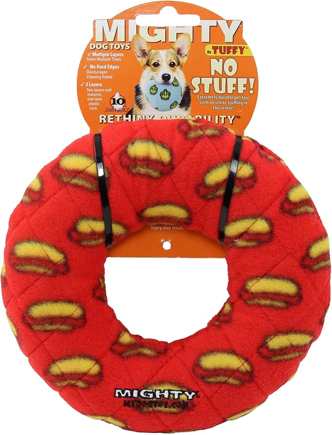 MIGHTY- NO Stuff Ring - Squeaky Plastic Core. 2-in-1 Toy. Made Durable, Strong & Tough. Interactive Play (Tug, Toss & Fetch). It Floats (Red, Medium 2 Pack)