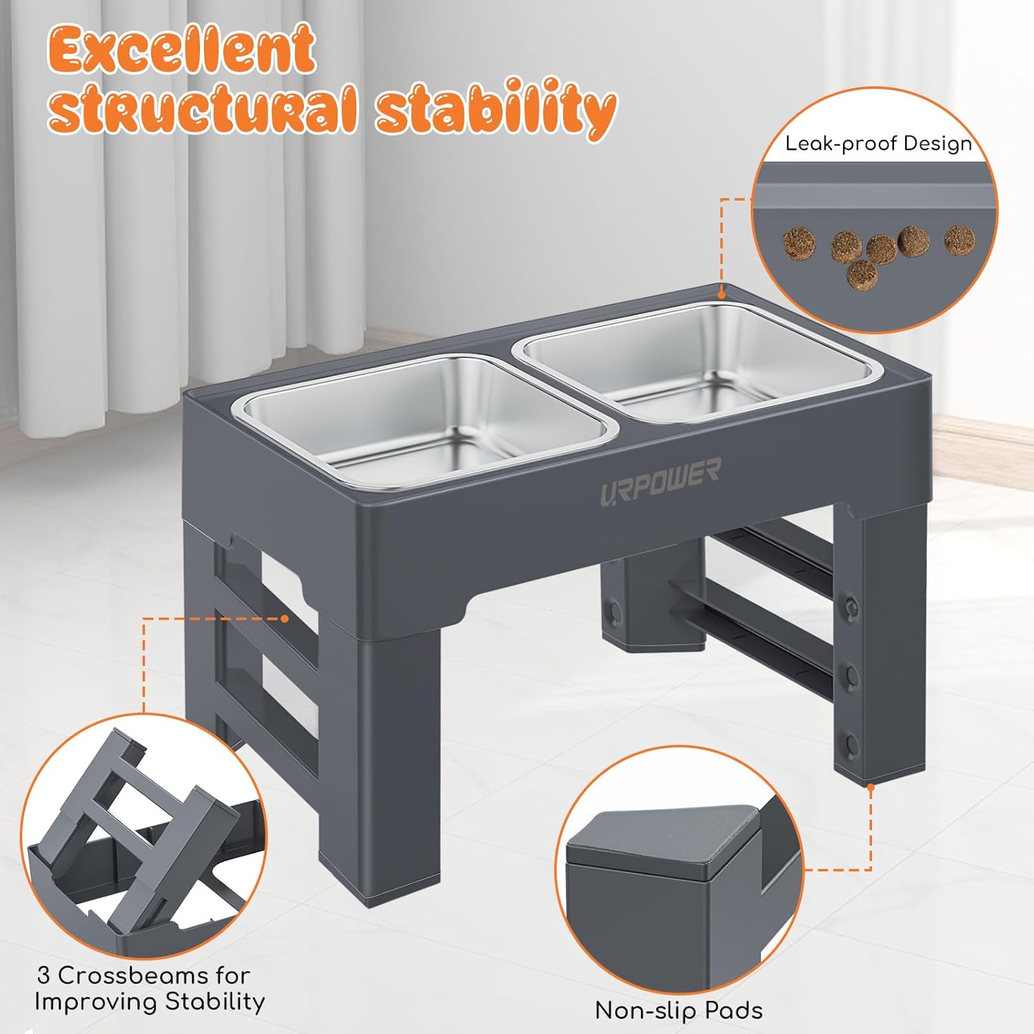 URPOWER Elevated Dog Bowls 4 Height Adjustable Raised Stand with 2 Large Stainless Steel Dog Food and Water Bowl for Small, Medium, Large Dogs and Pets