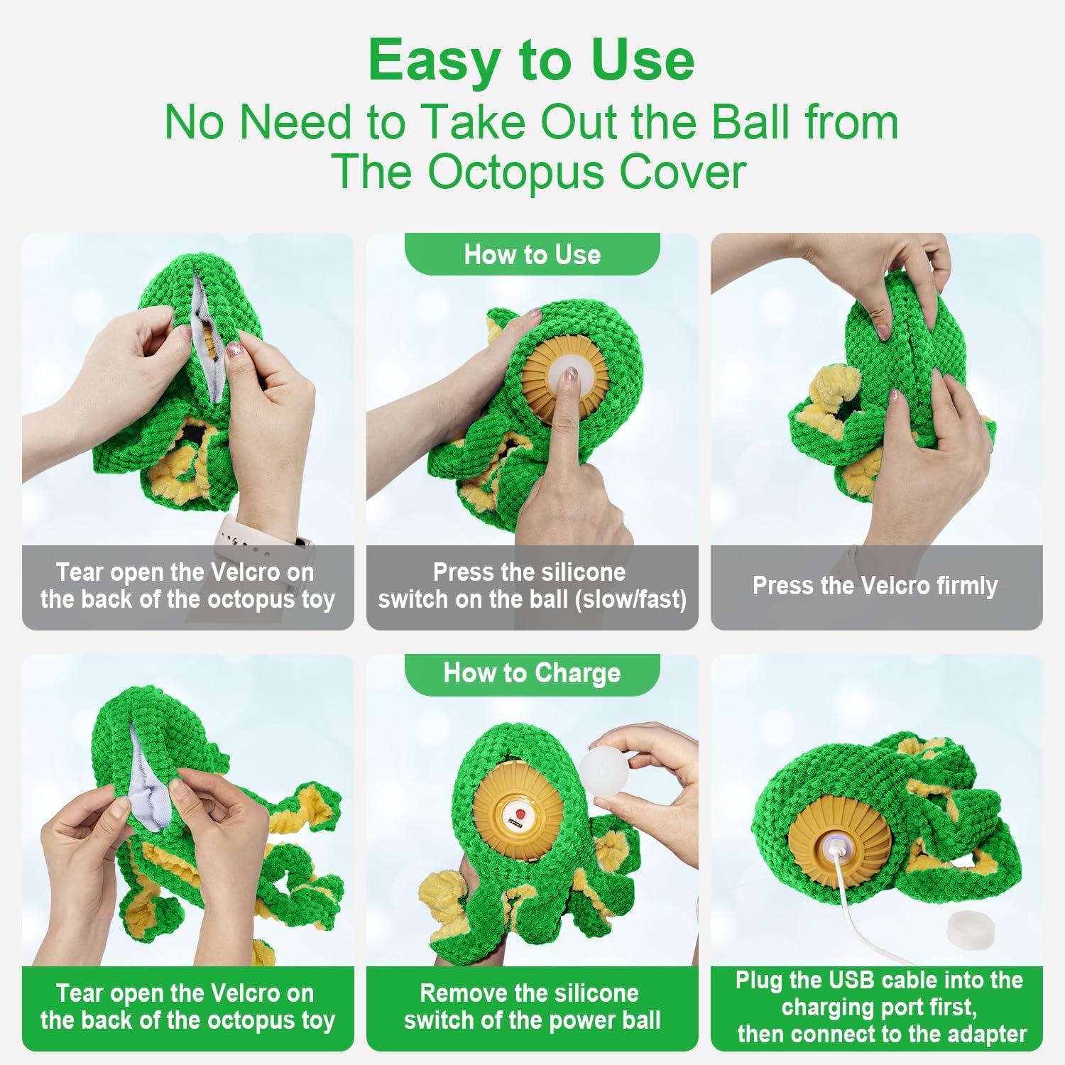 Interactive Dog Toys Octopus,Durable Automatic Jumping Dog Toy to Keep Them Busy,Squeaky Moving Tug of War Doggie Toy,USB Rechargeable Puppy Toys (Green)