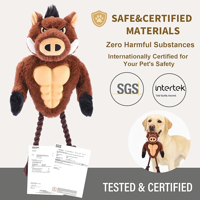 Extremely Durable Boar Chew Toy for Aggressive Chewers - Squeaky Rubber Chest & Rope Tug Legs for Large Breed Dogs