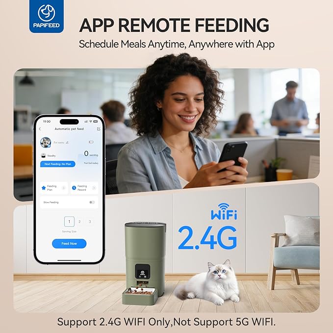PAPIFEED Automatic Cat Feeder Upgrade, WiFi Pet Feeder with APP Control for Remote Feeding, Detachable for Easy Clean, Dual Power Supply,1-10 Meals Per Day for Multiple Pets (Greener)