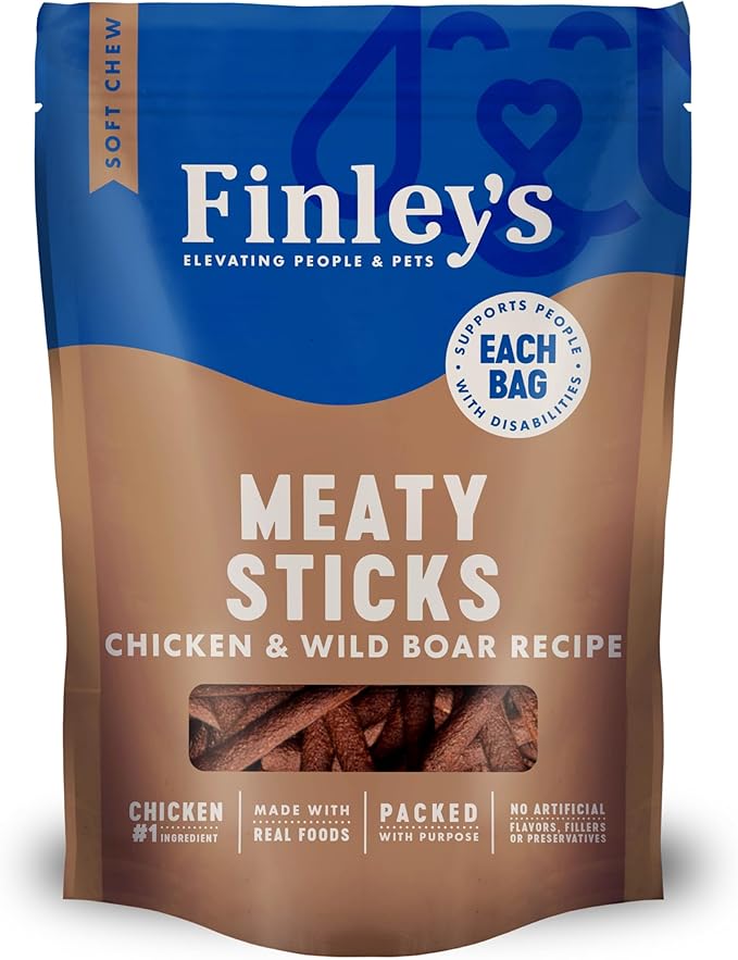 Finley's Chicken & Wild Boar Meaty Sticks Dog Treats, Grain-Free, Soft & Chewy, High Protein, Made in USA, 12 Ounce (Pack of 1)