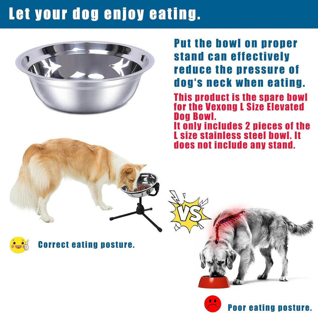 2 Pack, L Size Bowls, Matches Vexong L Size Elevated Dog Bowl Stand, for Dogs Between 60 and 100 lb, Stainless Steel Dog Bowl, Capacity 0.8 Gal / 12.5 Cup / 106 Oz / 3 Liter, Rustproof, Durable,