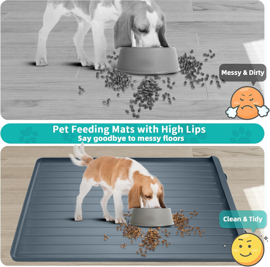 Dog Mat for Food and Water - 39.4" x 27" Large Pet Feeding Mats with Residue Collection Pocket - Waterproof Dog Cat Bowl Mat with High Edges to Prevent Water and Food Spills (Dark Grey)