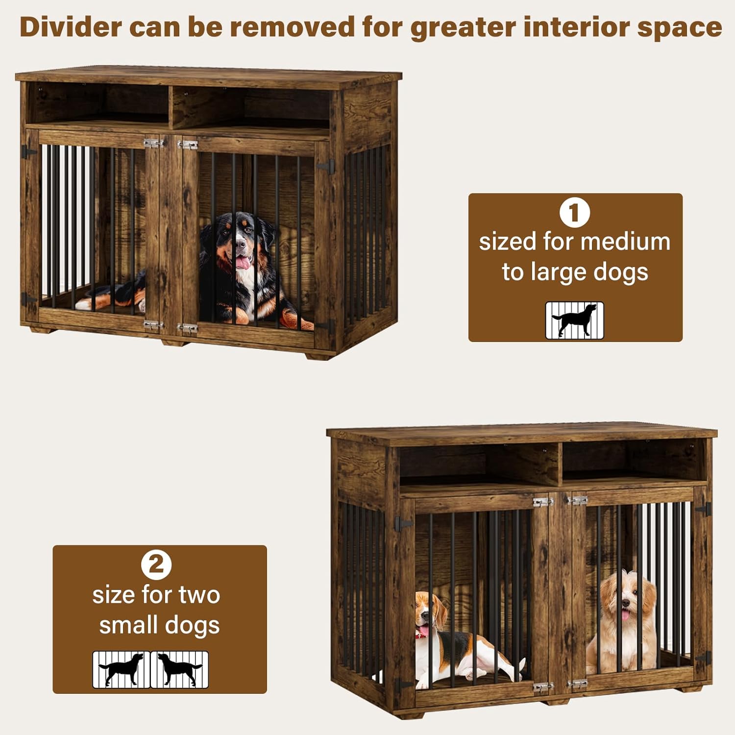 Furniture Dog Crate for 2 Dogs, 41 Inch Dog Kennel Furniture with Removable Divider and Shelf Storage, Wooden Dog Crate for Small/Medium Dogs, Rustic Brown