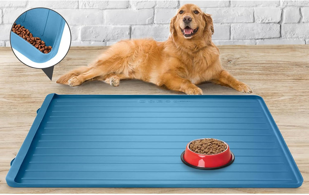 Dog Mat for Food and Water - 39.4" x 27" Large Pet Feeding Mats with Residue Collection Pocket - Waterproof Dog Cat Bowl Mat with High Edges to Prevent Water and Food Spills (Navy)