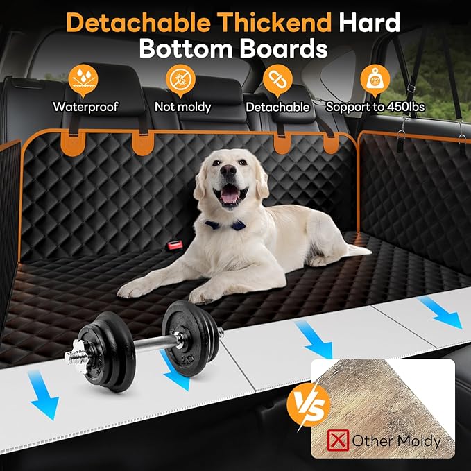 Back Seat Extender for Dogs,Hard Bottom,Waterproof Dog Car Seat Cover for Back Seat Holds 450 lbs - Detachable, Scratch-Proof and Anti-Slip Dog Hammock for Cars, SUVs and Trucks, Bk+ORG