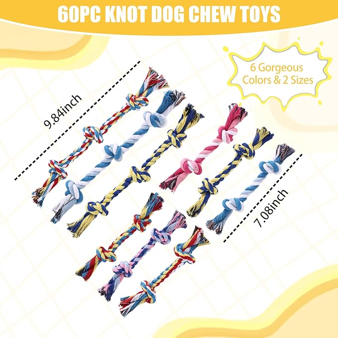 60 Pcs Knot Rope Dog Toys Multi Color Puppy Chew Toy for Dental Dog Teething Toys 48Pcs 2 Knot and 12Pcs 3 Knot Dog Tug Set for Small and Medium Dogs Aggressive Chewers Supplies