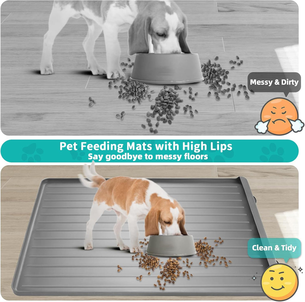 Dog Mat for Food and Water - 39.4" x 27" Large Pet Feeding Mats with Residue Collection Pocket - Waterproof Dog Cat Bowl Mat with High Edges to Prevent Water and Food Spills (Light Grey)
