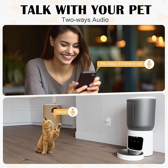 Automatic Cat Feeder with 2K Camera: Cat Food Dispenser with 6L Capacity, Container for Multiple Pet; Automatic Dog Feeder with Night Vision Support 5/2.4GHz & 2-Way Audio, Anti-Jam Design (White)