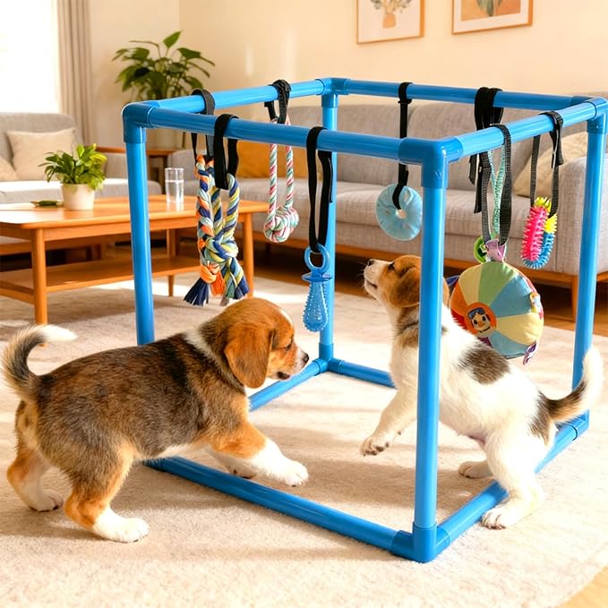 Puppy Play Gym with 8 Hanging Toys, Interactive Indoor Jungle Gym – ABS Frame with Adjustable Elastic Straps, Little Puppy Teething Chew Toys for Busy, Active Small Dogs