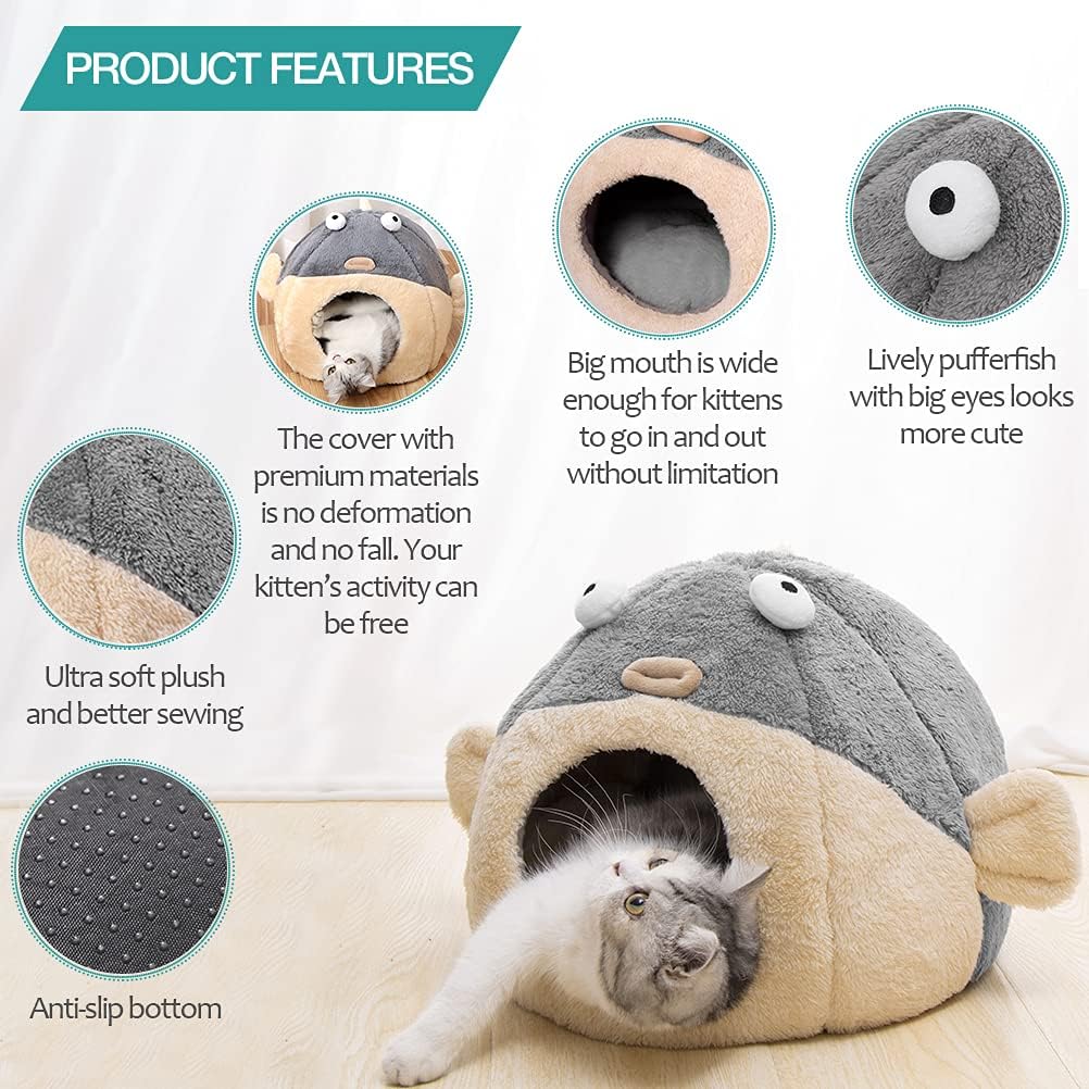 Cat Beds for Indoor Cats - Cat Bed Cave with Removable Washable Cushioned Pillow, Soft Plush Premium Cotton No Deformation Pet Bed, Lively Pufferfish Cat House Design, Grey, Multiple Sizes(L)