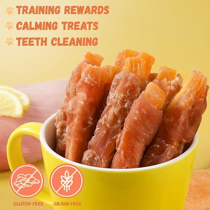 Chicken Jerky Wrapped Sweet Potato Dog Treats w/Taurine, Healthy Dog Snacks Low Fat High Protein, Chewy Training Rewards Treats for Small Medium Large Breeds,10.6 oz, 13-17 Counts