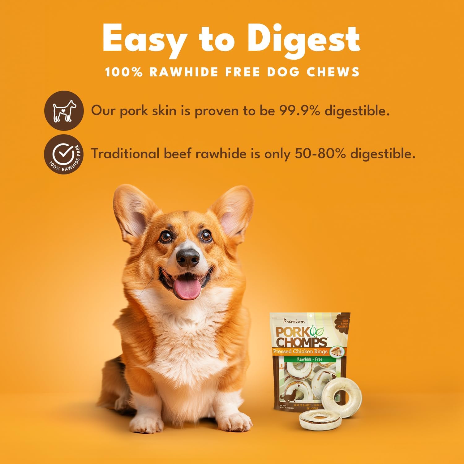 Pork Chomps Pressed Pork Skin Dog Chews, 2.5-inch Rings, Real Chicken, 8 Count (Pack of 2)