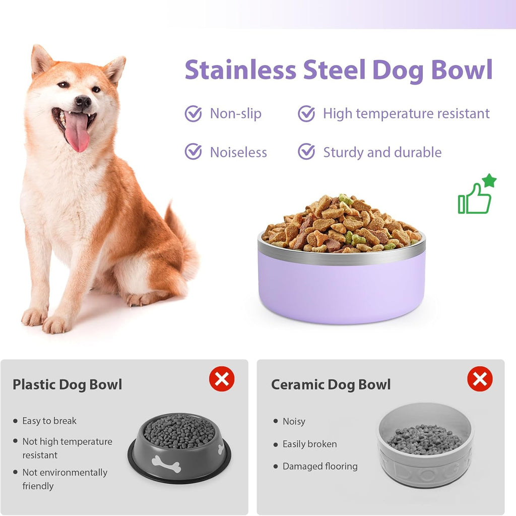 Stainless Steel Dog Bowls, Metal Dog Bowls, Water Bowl for Dogs, Dog Food Bowls, Pet Bowls for Dogs, Dog Dish for Large Dogs, Insulated Dog Bowl, Non Slip Dog Bowl,Easy Clean,40oz,LightPurple