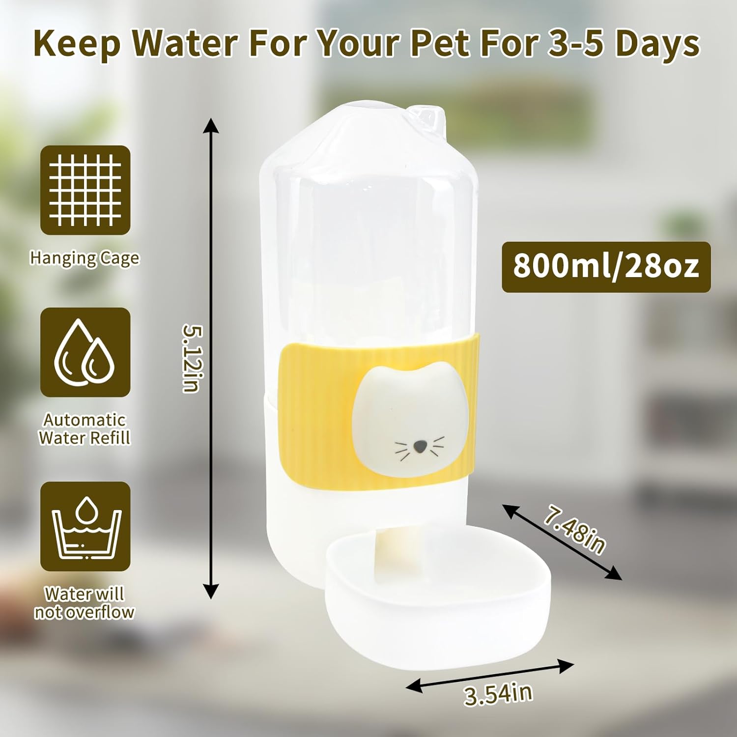 Rabbit Water Bottle, 800ml/28oz Hanging Automatic Water Dispenser for Cage, Ferret Bunny Guinea Pig Water Bowl,Suitable for Small Animal (Yellow, 800 ml/28 oz)