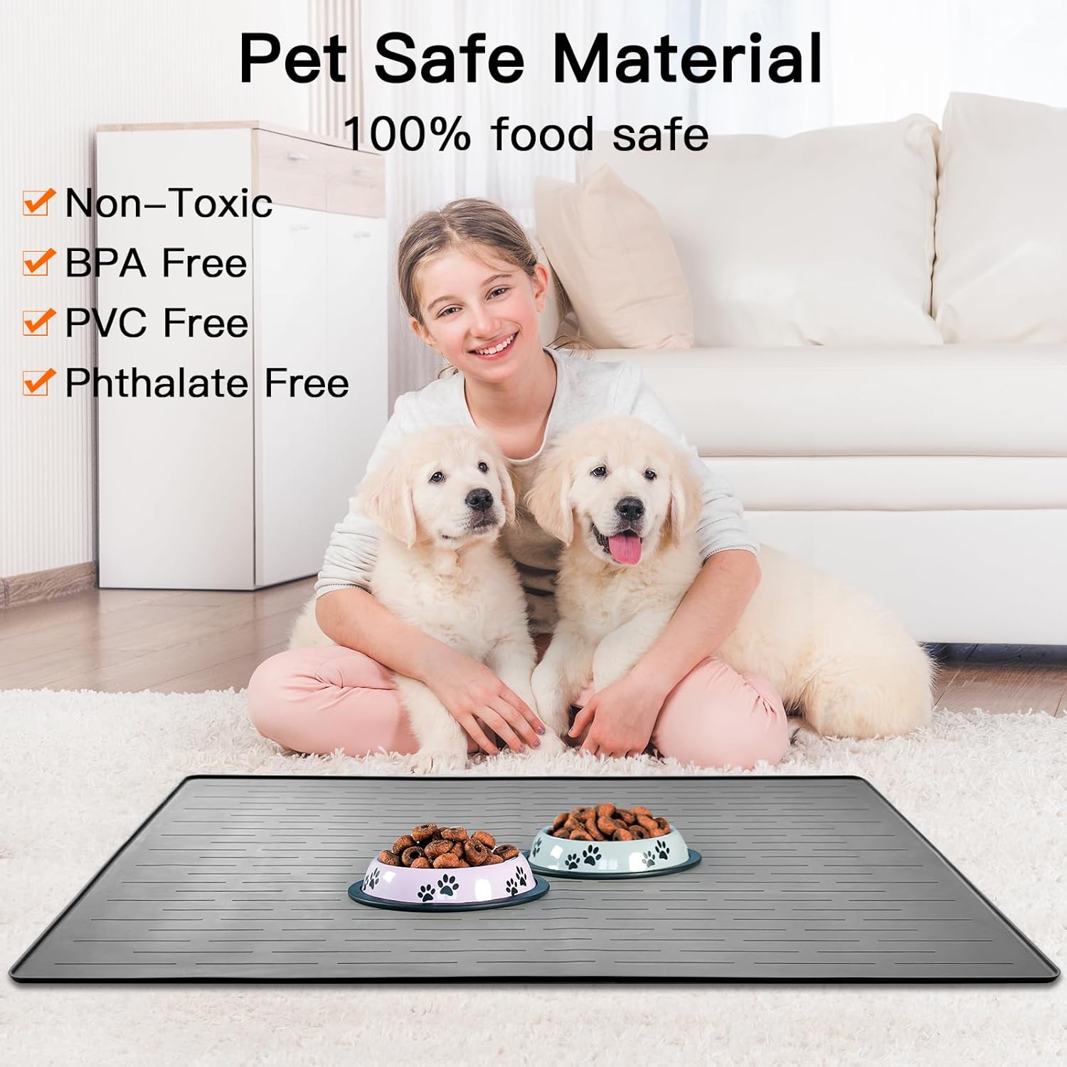 39.4"x29.5" Largest Pet Food Mat, Silicone Dog Mats for Food and Water, Nonslip Pet Feeding Mats for Floors,Dog Cat Bowl Mat with Raised Edges, Gray White