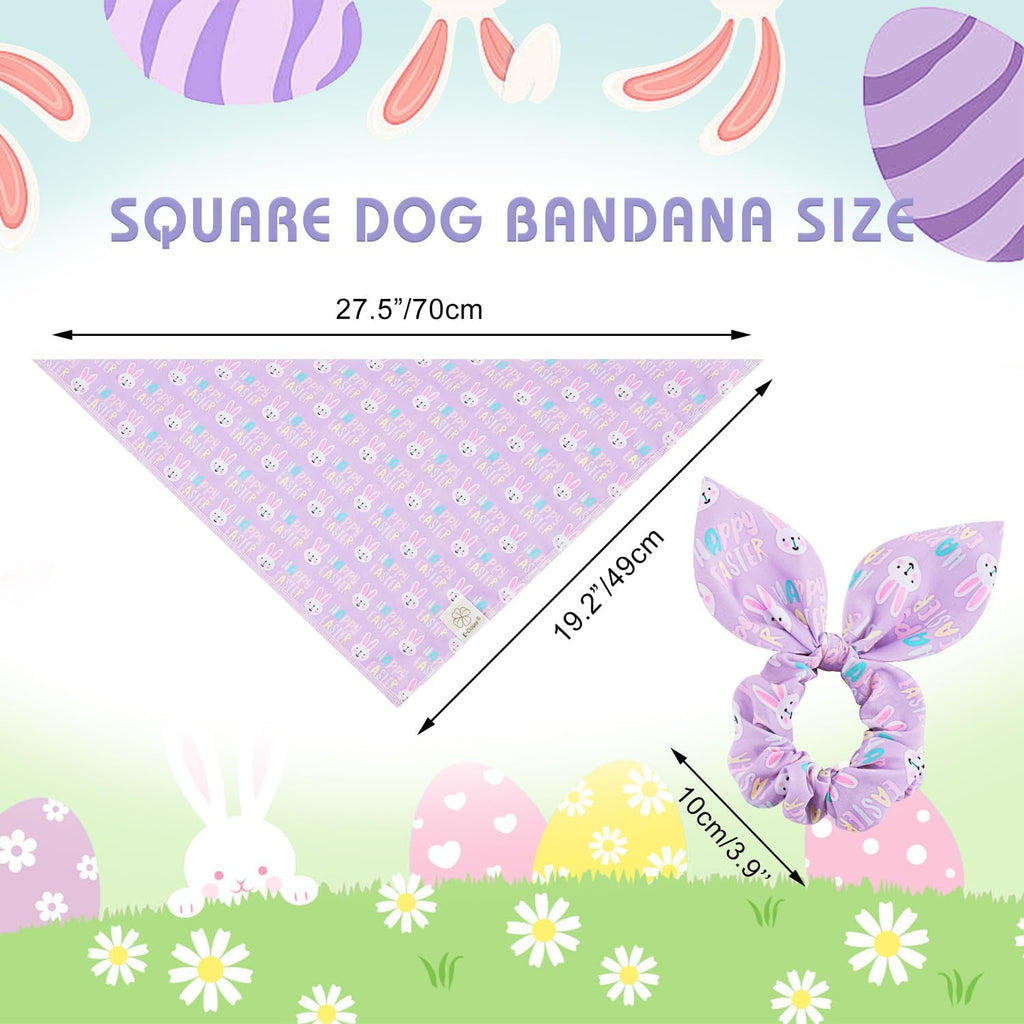 E-Clover Easter Dog Bandana & Matching Scrunchie-Bunny Dog Bandanas Pet Scarf Bib for Medium Large Dogs Girl Boy Owner Gift Purple