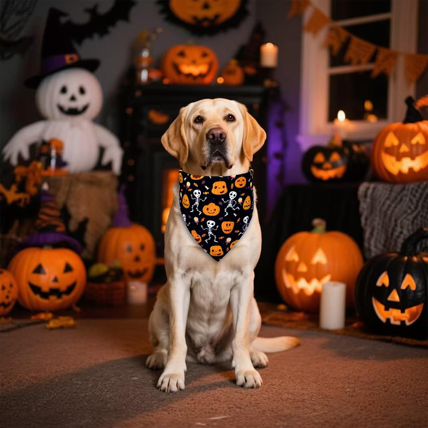 Halloween Dog Bandana for X-Large Dogs - Reversible Black Skull Pumpkin Print Scarf - Soft & Quick-Dry for Costume Parties