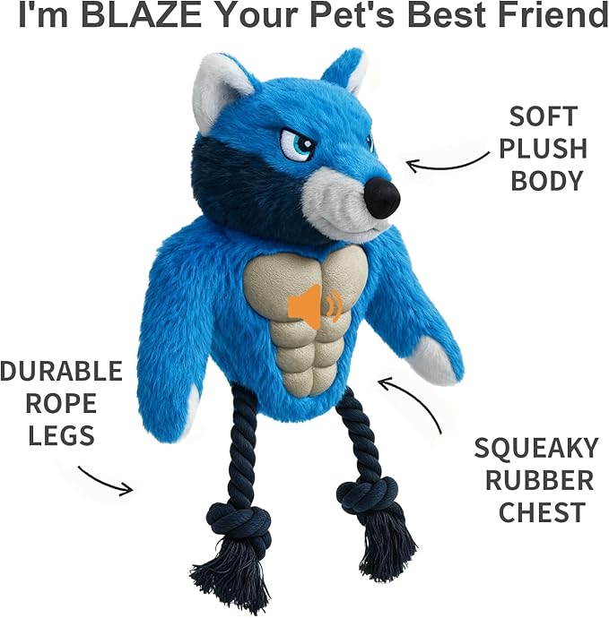 Muscle Wolf Dog Toy – Durable Plush with Rubber Chest & Rope Legs, Squeaky Tug Toy for Medium & Large Dogs, Built for Tough Play, 14.1 Inch Interactive Chew Toy
